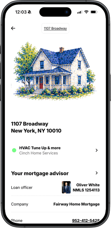 Made Card home profile screen showing a home's address, Cinch HVAC coverage, and loan officer details
