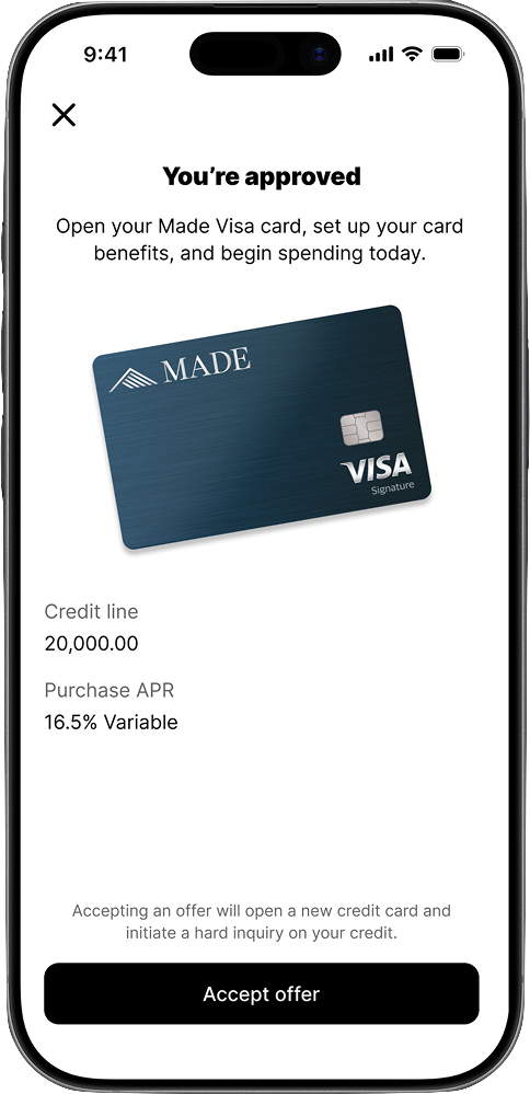 Made app showing an approved Made Visa card