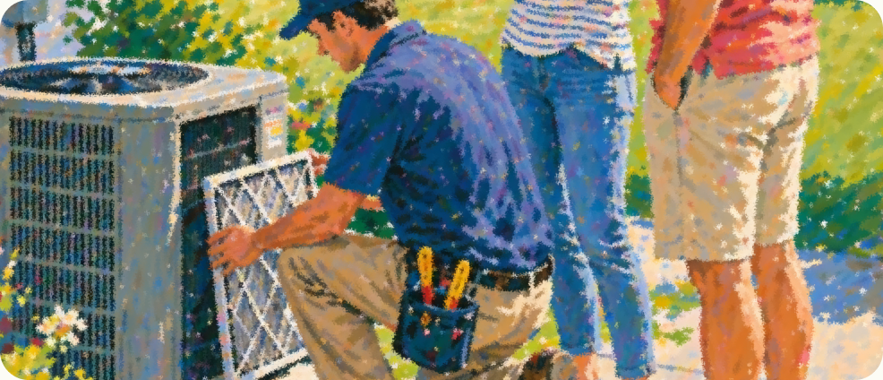 HVAC technician servicing an outdoor AC unit while homeowners watch